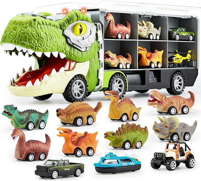 JOYIN 13 in 1 Dinosaur Toys for Kids 3-5, Dinosaur Truck with 12 Pull Back Cars, Birthday Gifts - Image 4