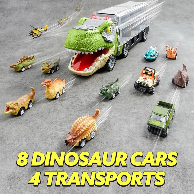 JOYIN 13 in 1 Dinosaur Toys for Kids 3-5, Dinosaur Truck with 12 Pull Back Cars, Birthday Gifts - Image 3